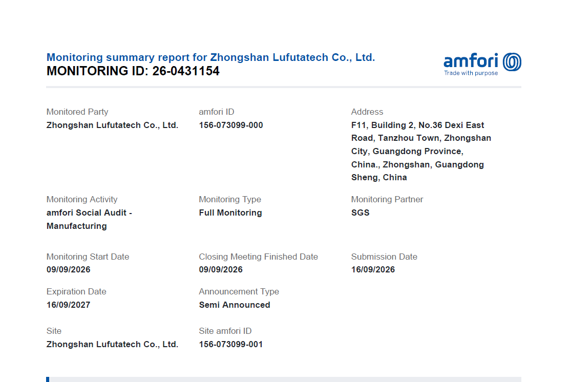 Zhongshan Lufutatech Successfully Completes amfori BSCI Social Audit, Audited by SGS