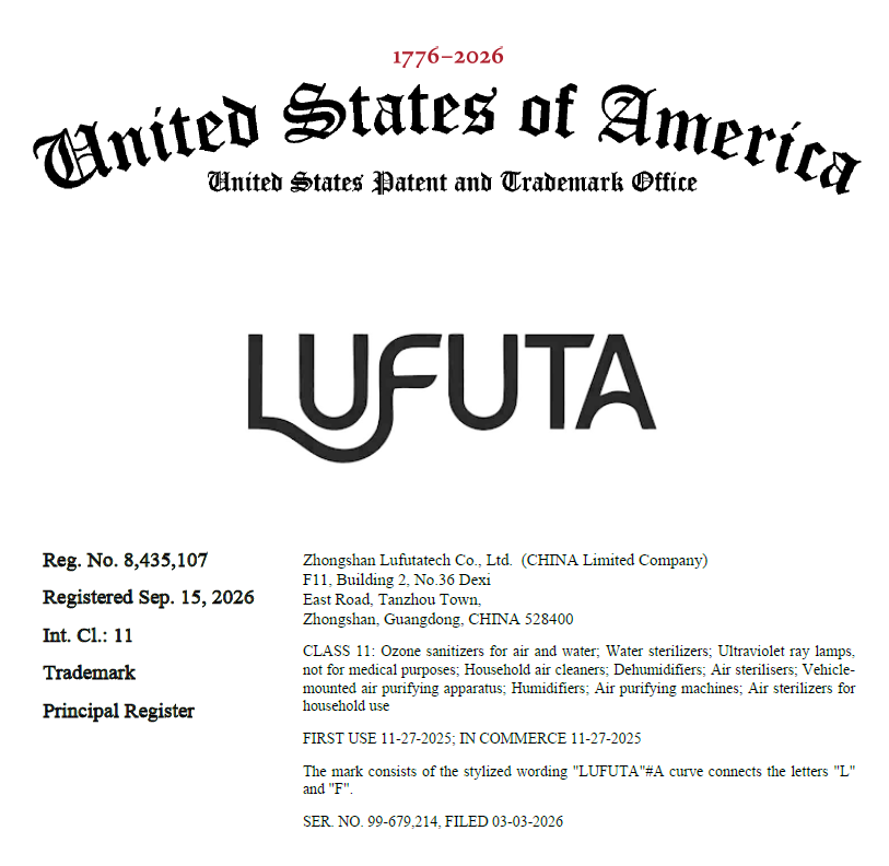 LUFUTA Officially Secures US Federal Trademark Registration (Reg.No.8,435,107)